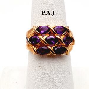 PAJ Amethyst Rhinestone Ring Gold Tone Sculptural Wide Band 1990s Size 7